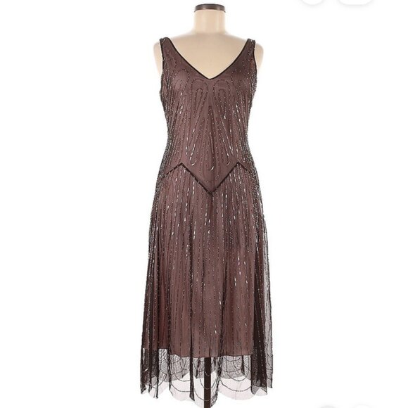 β¨ BCBG Bronze Beaded Flapper Dress | 1920s Style Sleeveless Glam M - Picture 1 of 8